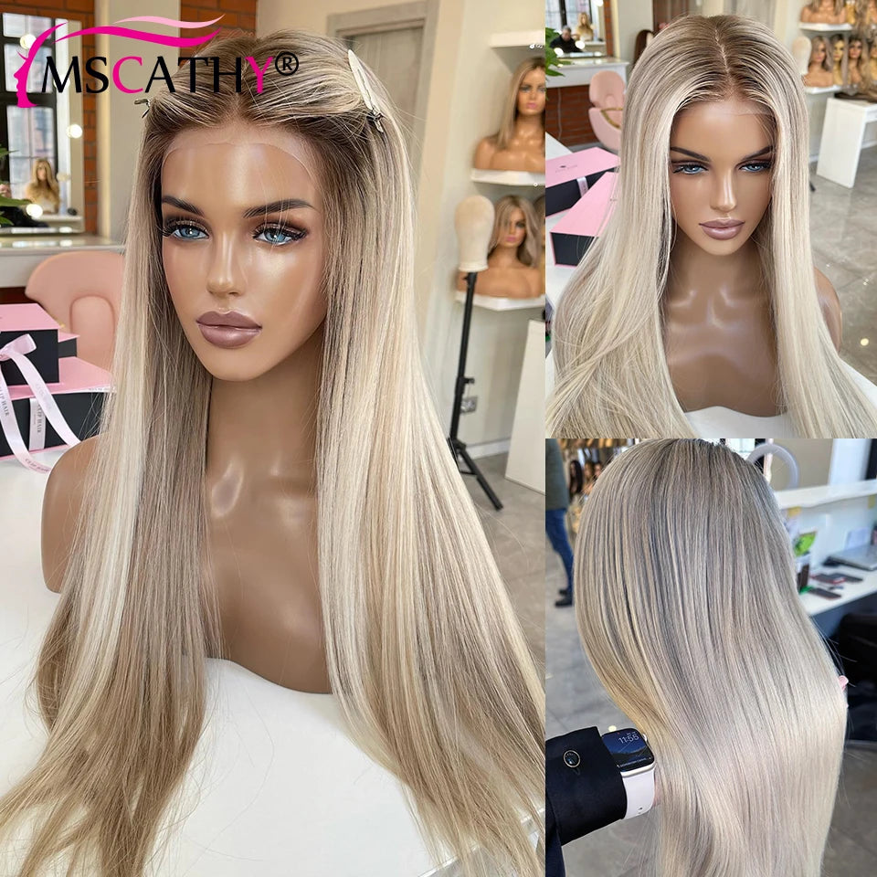 250% Glueless Ash Blonde Colored Ombre Human Hair Wigs For Women 13x4 Transparent Lace Frontal Wig Straight 13x6 Wigs Preplucked