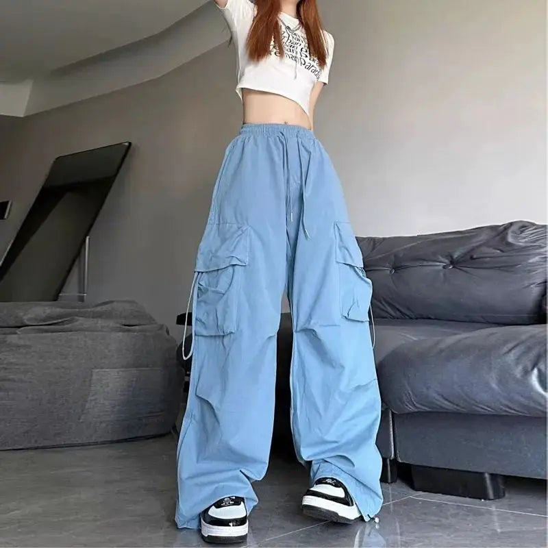 Women's High Waist Cargo Pants with Multiple Pockets Trendy Solid Color Streetwear Y2K Spring Autumn New Loose Wide Leg Trousers