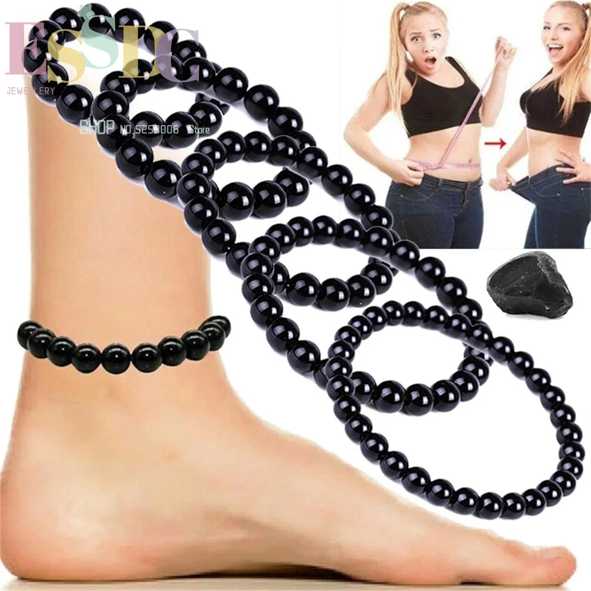 Natural Black Jade Tiger Eye Stone Beads Elastic Single Loop Energy Slimming Weight Loss Bracelet For Men Women Health Jewelry