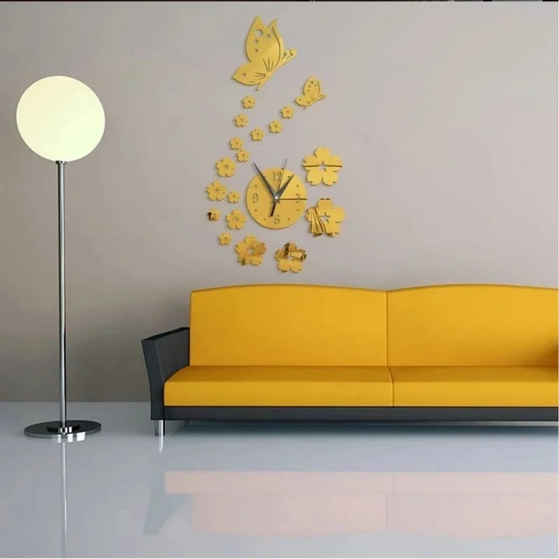 Acrylic Mirror Stickers Wall Clock Modern Design Butterfly 3D DIY Clocks for Girl Gift Living Room Home Decor