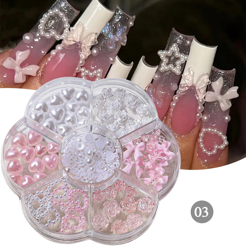 Mixed Acrylic Bowknot 3D Nail Art Decorations Flower Resin Charms Gold Beads Caviar Pearl Mixed Rhinestones Accessories Boxed