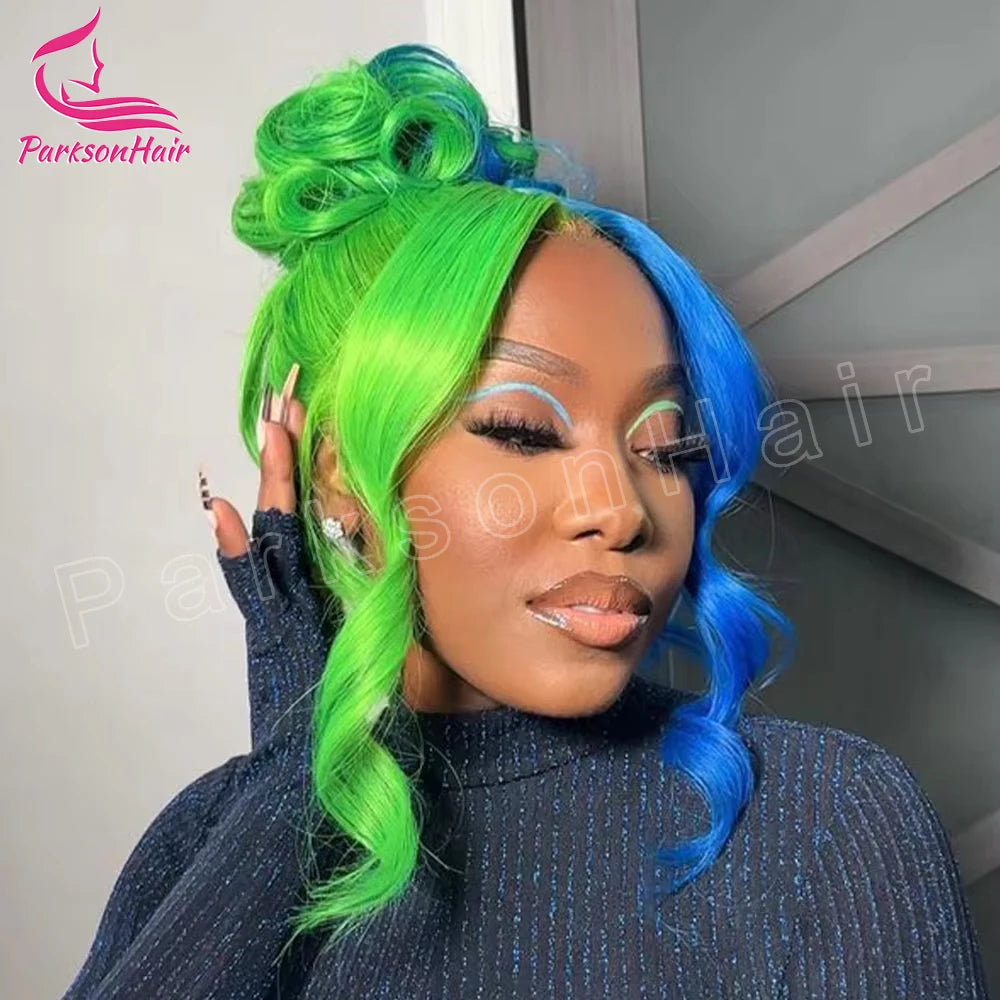 Highlight Black With green 13x6 HD Lace Frontal Wigs Human Hair Wig For Black Women Brazilian Hair Glueless T Part Lace Wigs