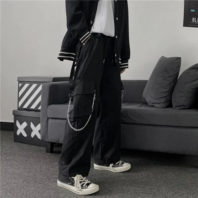 Goth Punk Black Cargo Pants With Chain Streetwear Men Wide Leg Trousers Harajuku Hip Hop Hombre Casual Joggers Pantalon Homme