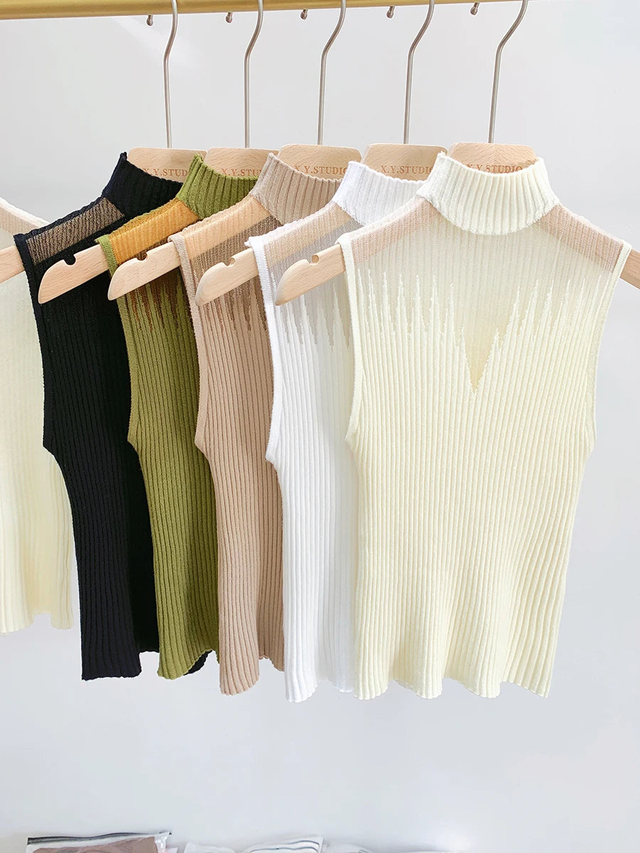 Halter Neck Knitwear Women's Sleeveless T-Shirt Elastic Mesh See-Through Sexy Vest Sweater Tops Korean Fashion Y2k Tees Clothing