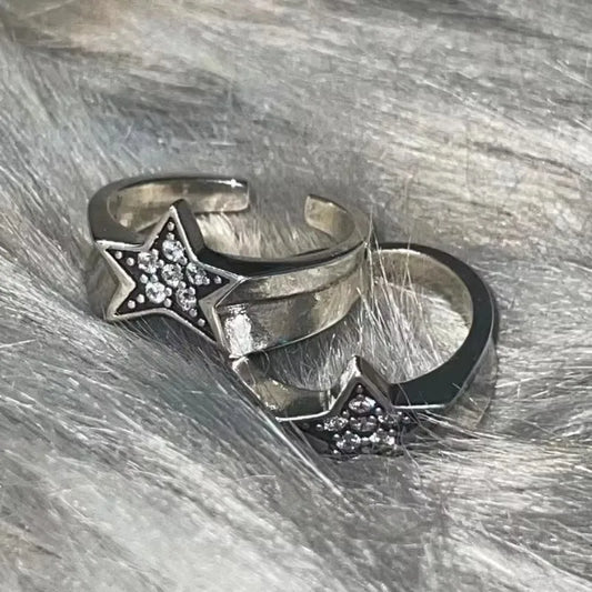 Vintage Punk Style Zircon Star Couple Rings for Men Women Personality Adjustable Crystal Pentagram Ring Jewelry Y2K Accessories