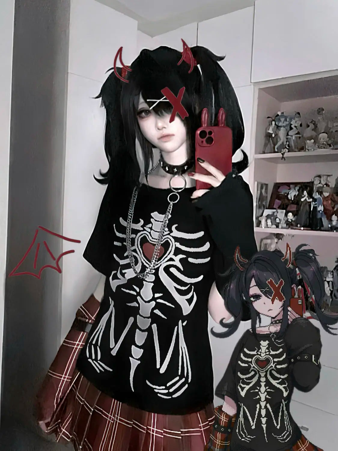 Japanese Summer Fairy Skeleton Printing T-shirts Harajuku Vintage Casual Loose Black Tops 2025 Women Streetwear Grunge Punk Tees