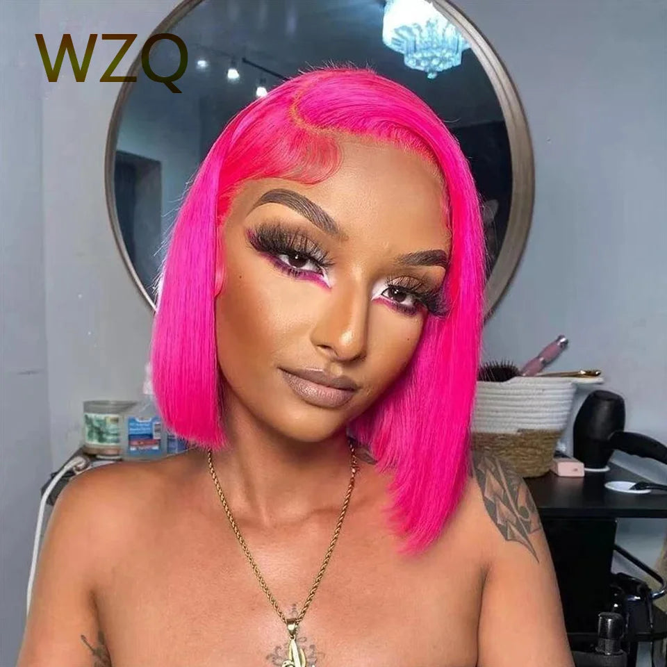 Hot Pink Colored Short Bob Wig 13x4 Lace Front Human Hair Wigs For Women 180% Density Virgin Straight Bob Wig Lace Frontal Wigs