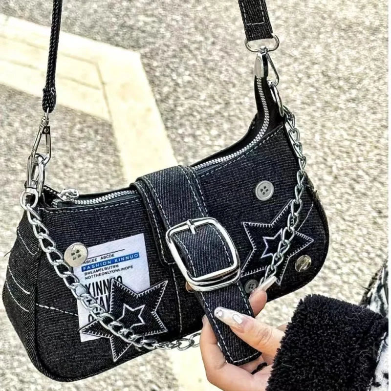 Y2k Fashion Women's Handbags Stars Pattern Cool Girls Underarm Bag Vintage Canvas Female Small Shoulder Bags Chain Tote Purses