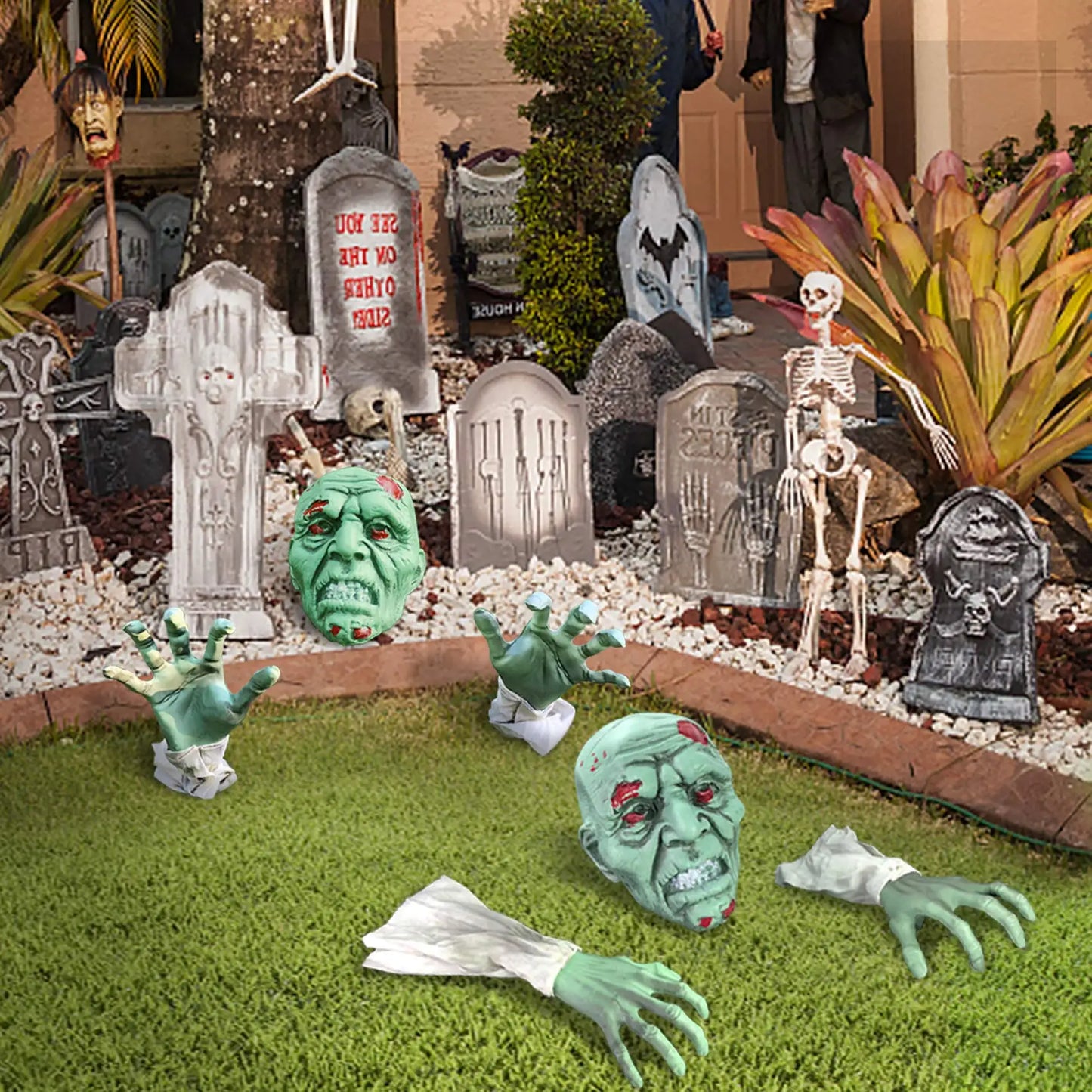 Halloween Decor Realistic Zombie Face and Arms Lawn Stakes, Skeleton Bone Head and Hands, Garden Yard Graveyard