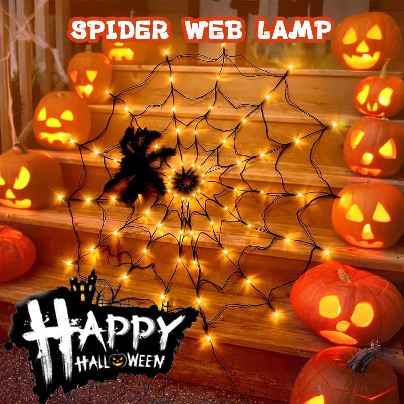 Halloween Spider Web Lights Spider Net LED String Lights with 8 Lamp Mode for Haunted House Halloween Home Window Wall Decor