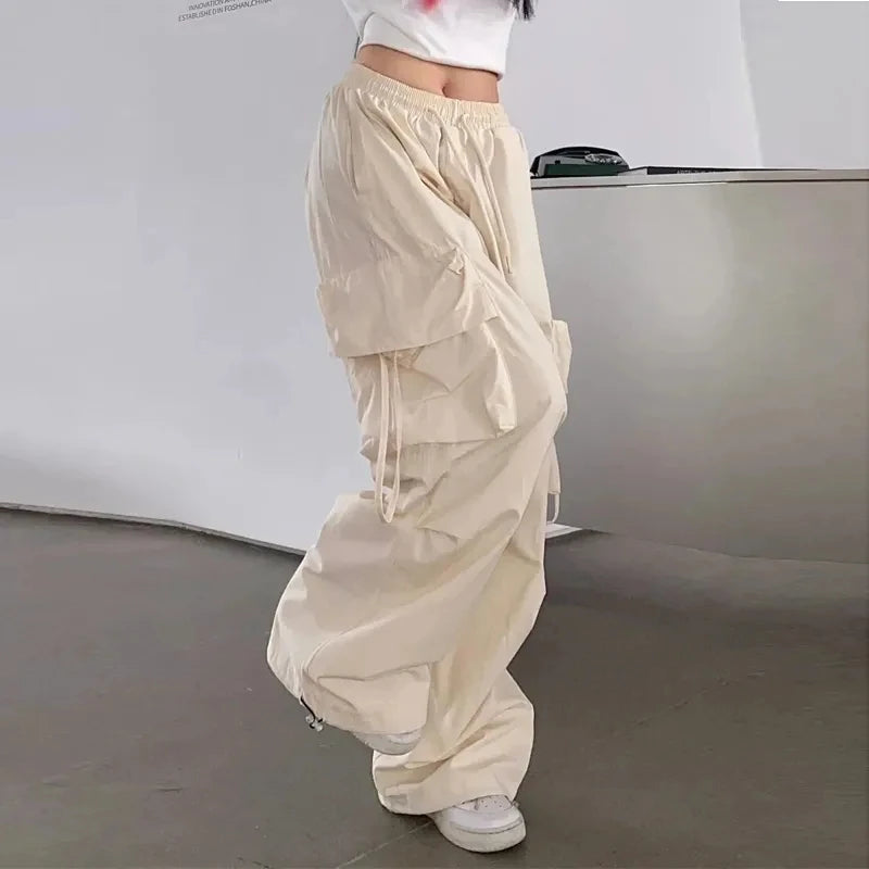 Women's High Waist Cargo Pants with Multiple Pockets Trendy Solid Color Streetwear Y2K Spring Autumn New Loose Wide Leg Trousers