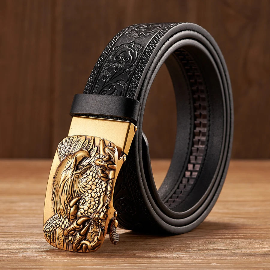 3.5CM Eagle Automatic Buckle Belt Emboss Cowskin Belt Quality Men Wasitbad Strap Genuine Leather Gift Business Belt For Jeans