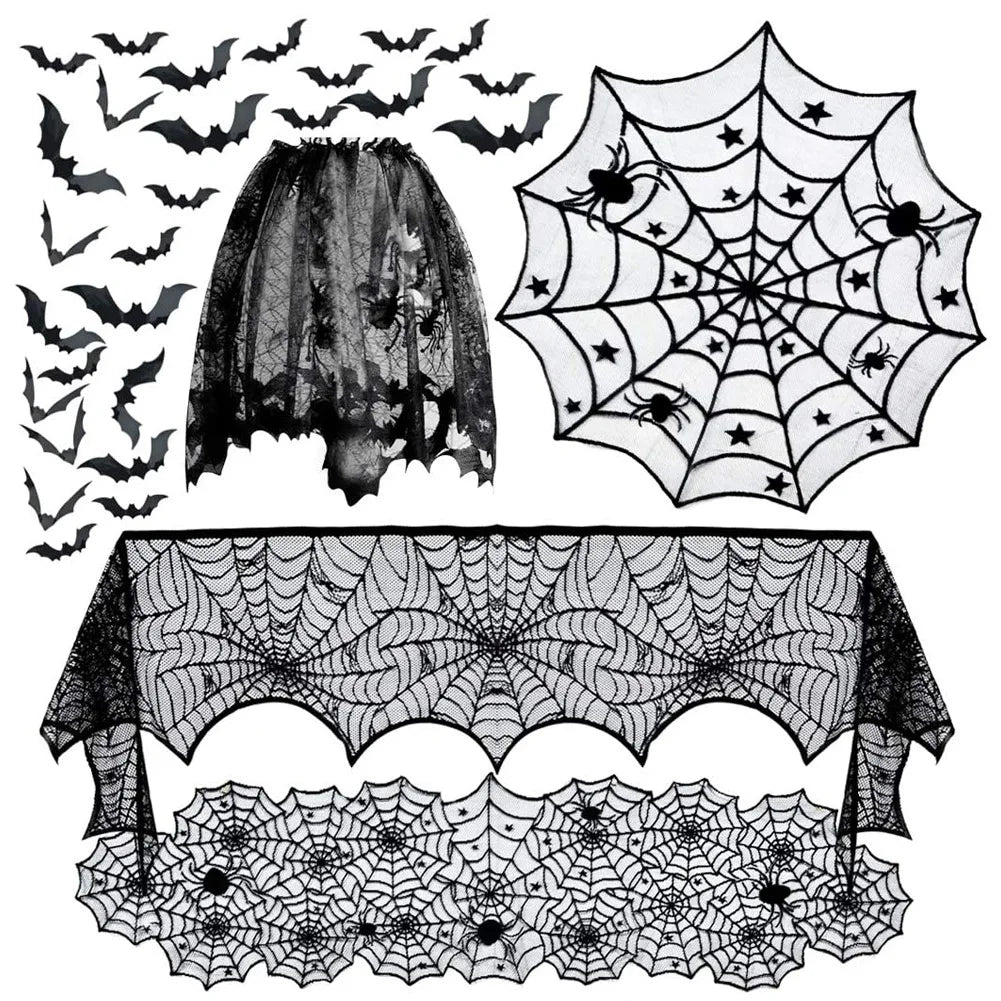 Halloween Decorations Tablecloth Runner Black Lace Round Spider Cobweb Table Cover Fireplace Mantel Scarf Spiderweb Fireplace