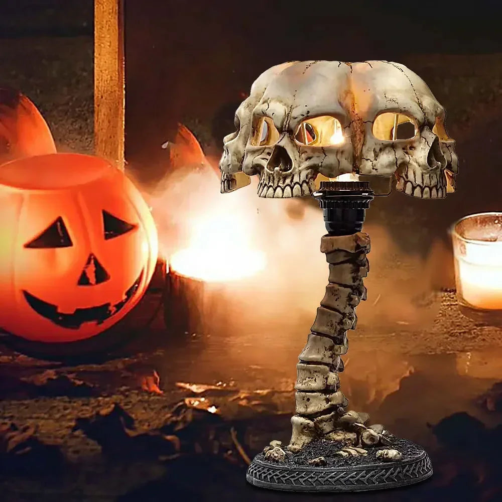 Halloween 3D Gothic Skull Table Lamp Skeleton Desktop Light Spooky 4 Head Resin Night Decorative Light Party Home Ornament Gifts