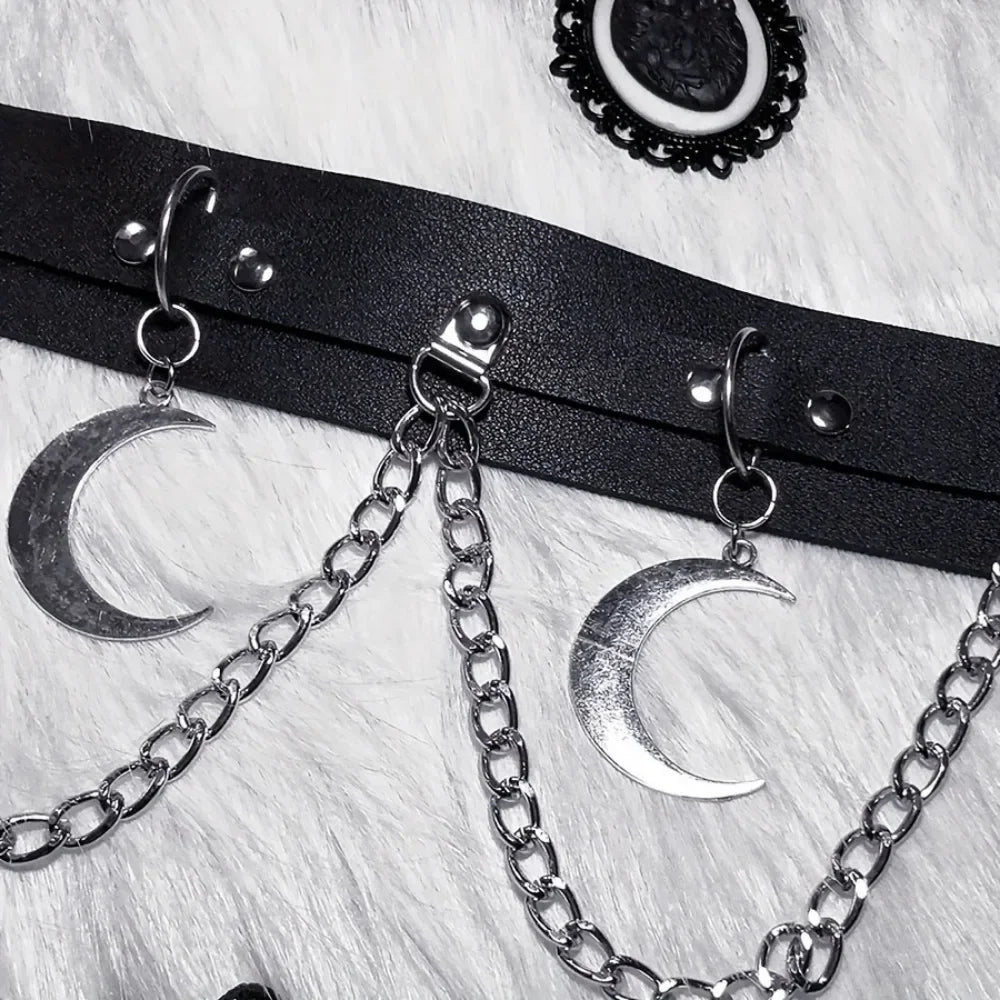 Moon Pendant Chain Fringe Goth Belt Punk Black PU Leather Belts Vintage Waistband For Women Girls