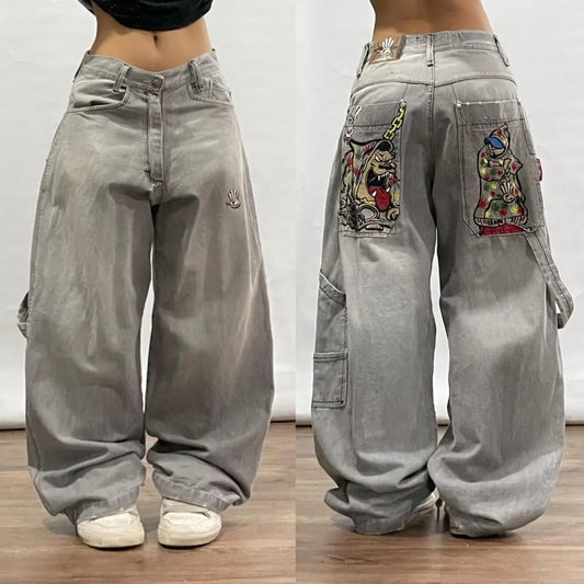 Y2k Korean Fashion Jeans Women's Vintage Pattern Embroidery Baggy High Waist Korean Street Wear Women's Gothic Pants