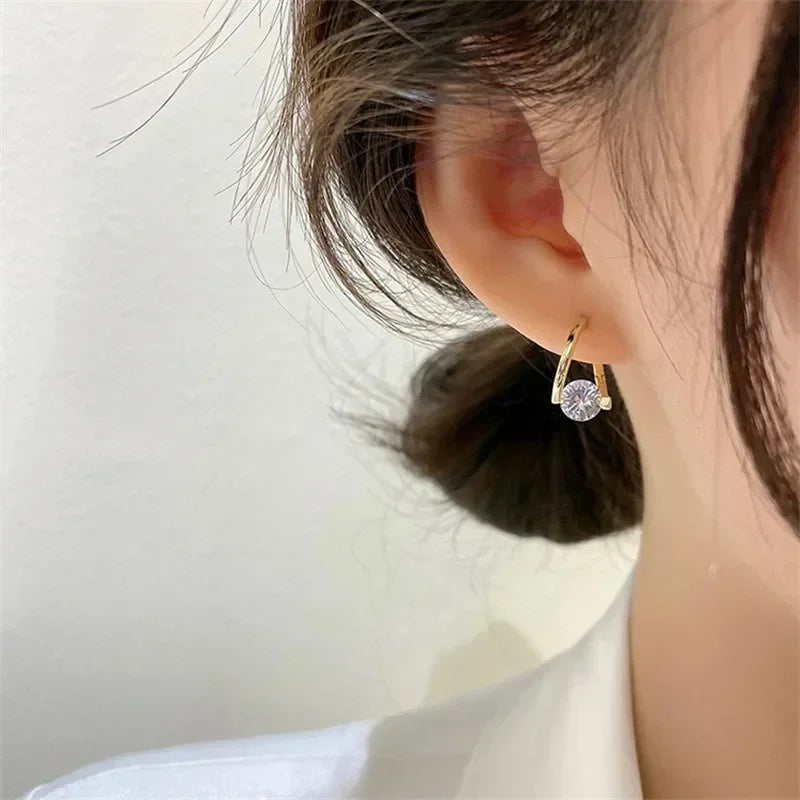 2024 New Fashion Gold Color Round Zircon Simple Drop Dangle Earrings for Women Charm Korean Hoop Jewelry Wedding Birthday Gift