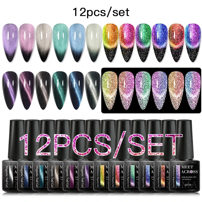 12pc Glitter Cat Magnetic Gel Set Cat Gel Eyes Polish Holographic Reflective Semi Permanent UV Gel Soak Off Sparkling Nail Art