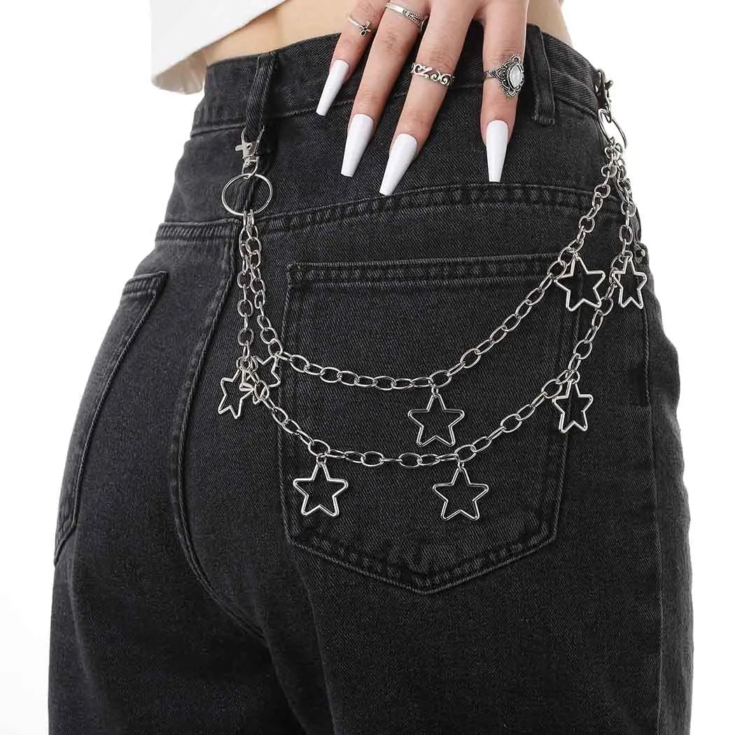 Hip Hop Trendy Car Jeans Pants Key Chain Ring For Women Men Hip Hop Multilayer Star Tassel Chain Pendant Chain For Bag