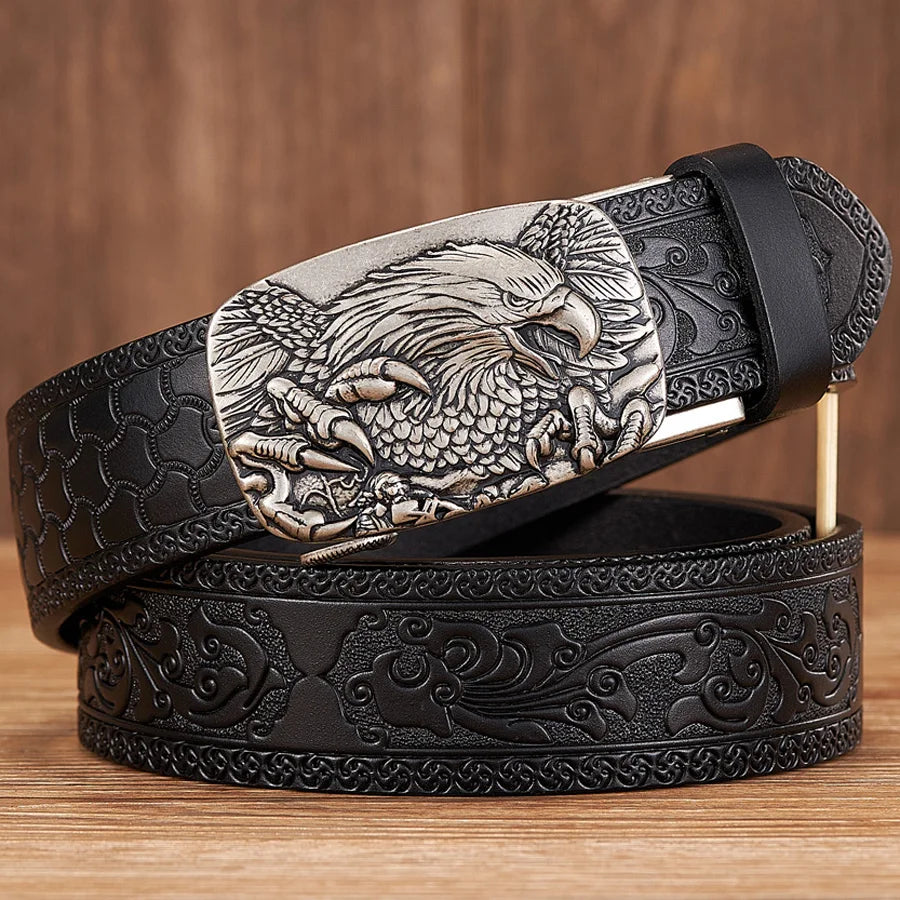 3.5CM Eagle Automatic Buckle Belt Emboss Cowskin Belt Quality Men Wasitbad Strap Genuine Leather Gift Business Belt For Jeans