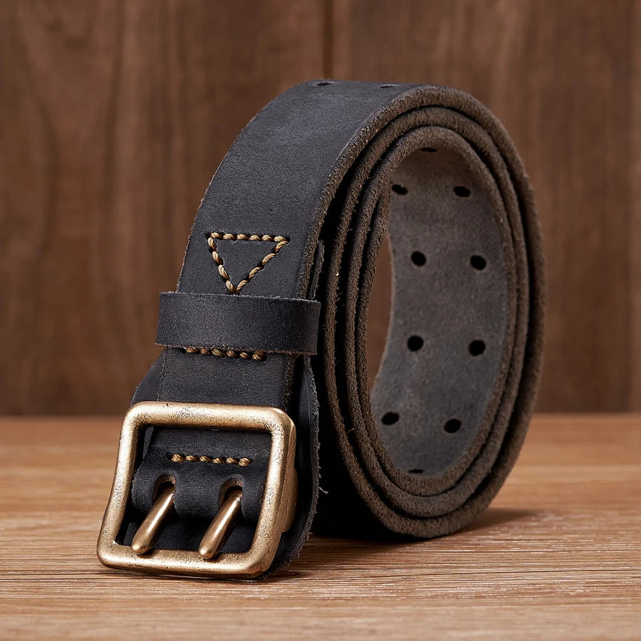 Thick Original Leather Belt Vintage Men Wide Belt Male Cowhide Real Genuine Leather Double Prong Buckle Strap Cowboy Jeans Belt