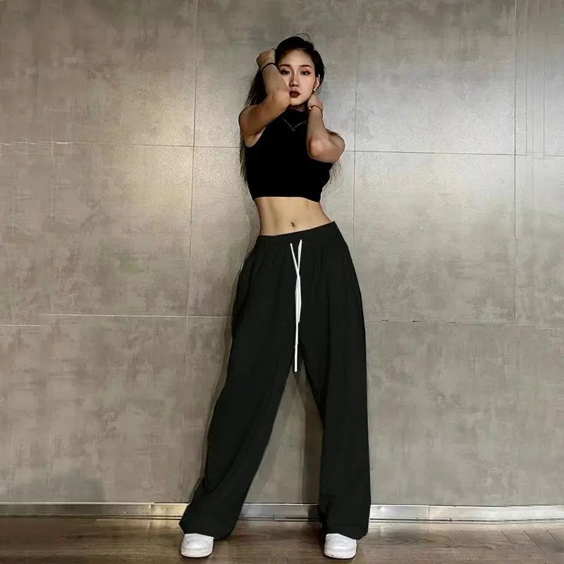 Hip Hop Leggings Sports Women's Spring and Autumn Patchwork High Waisted Drawstring Pockets Solid Color Loose Casual Jazz Pants