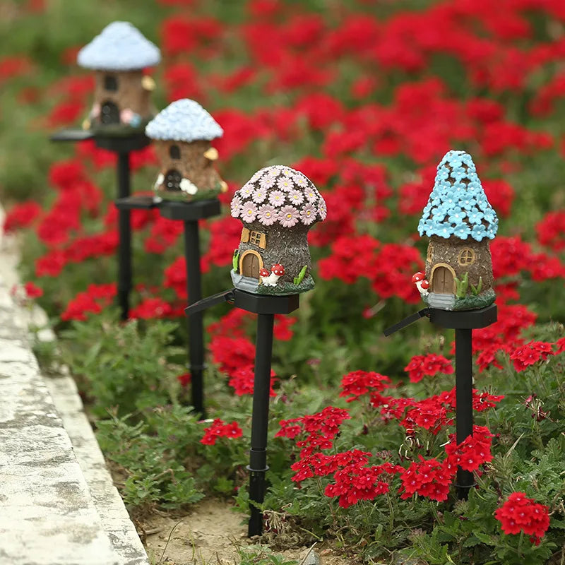 Creative Solar Resin Mushroom House Light Outdoor Waterproof LED Cartoon Ground Plug Light Garden Decoration Lawn Landscape Lamp