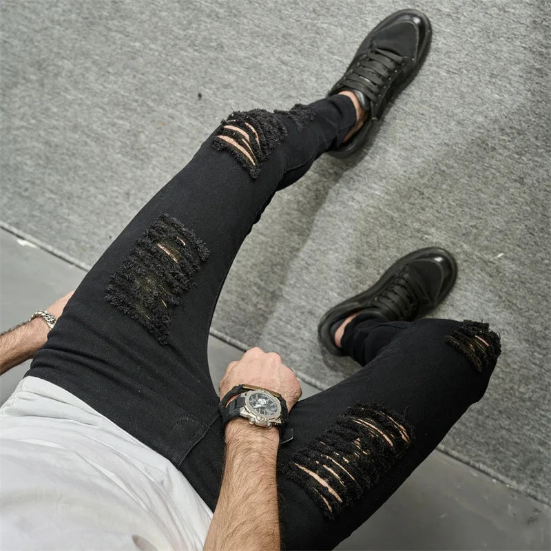 Men Jeans Ankle Length Hole Vintage Ripped Pencil Pants Denim Skinny Pockets Distressed Slim Moto Biker Solid Washed 2024