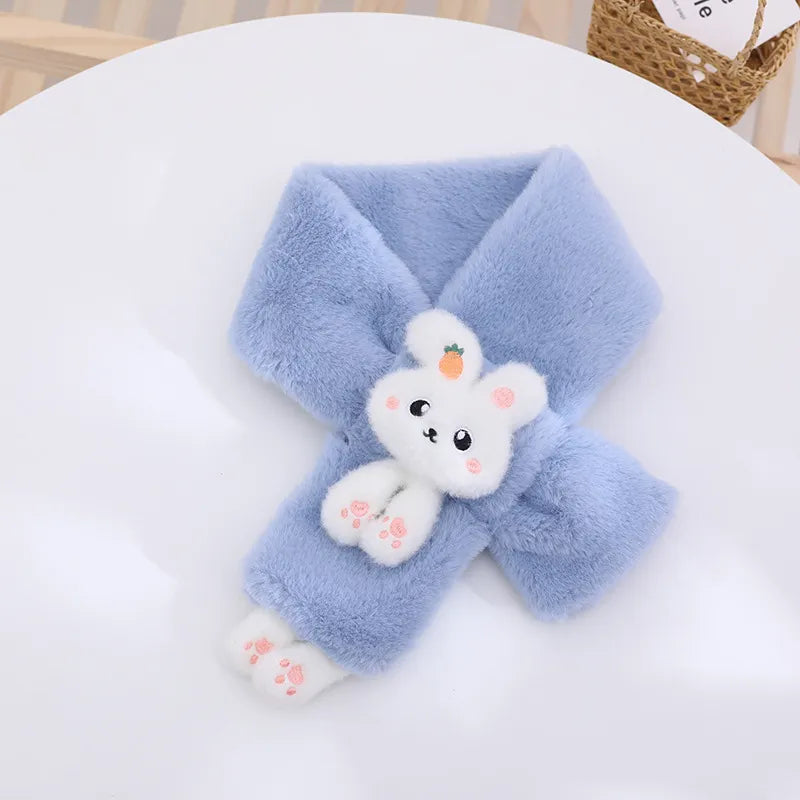 Korean Boys Girls Winter Thick Plush Cross Children's Scarf Baby Bib Cute Cartoon Rabbit Faux Fur Neck Protection Warm Shawl V49