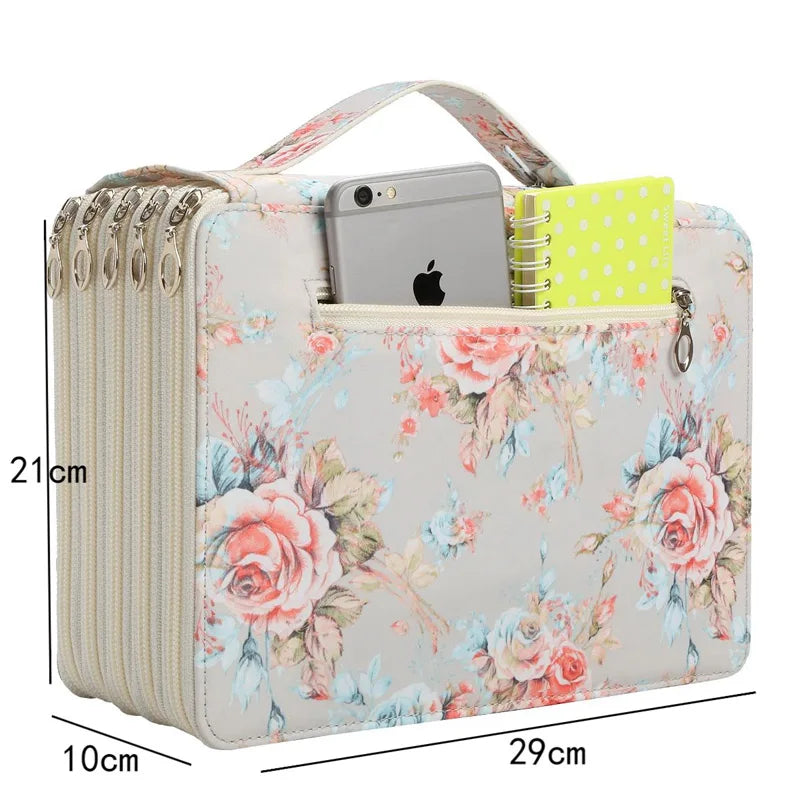 Colorful Flower Pattern 252 Slot 5 Layer Zipper Portable Shoulder Strap Polyester Pencil Case Holder Large Capacity Art Supply