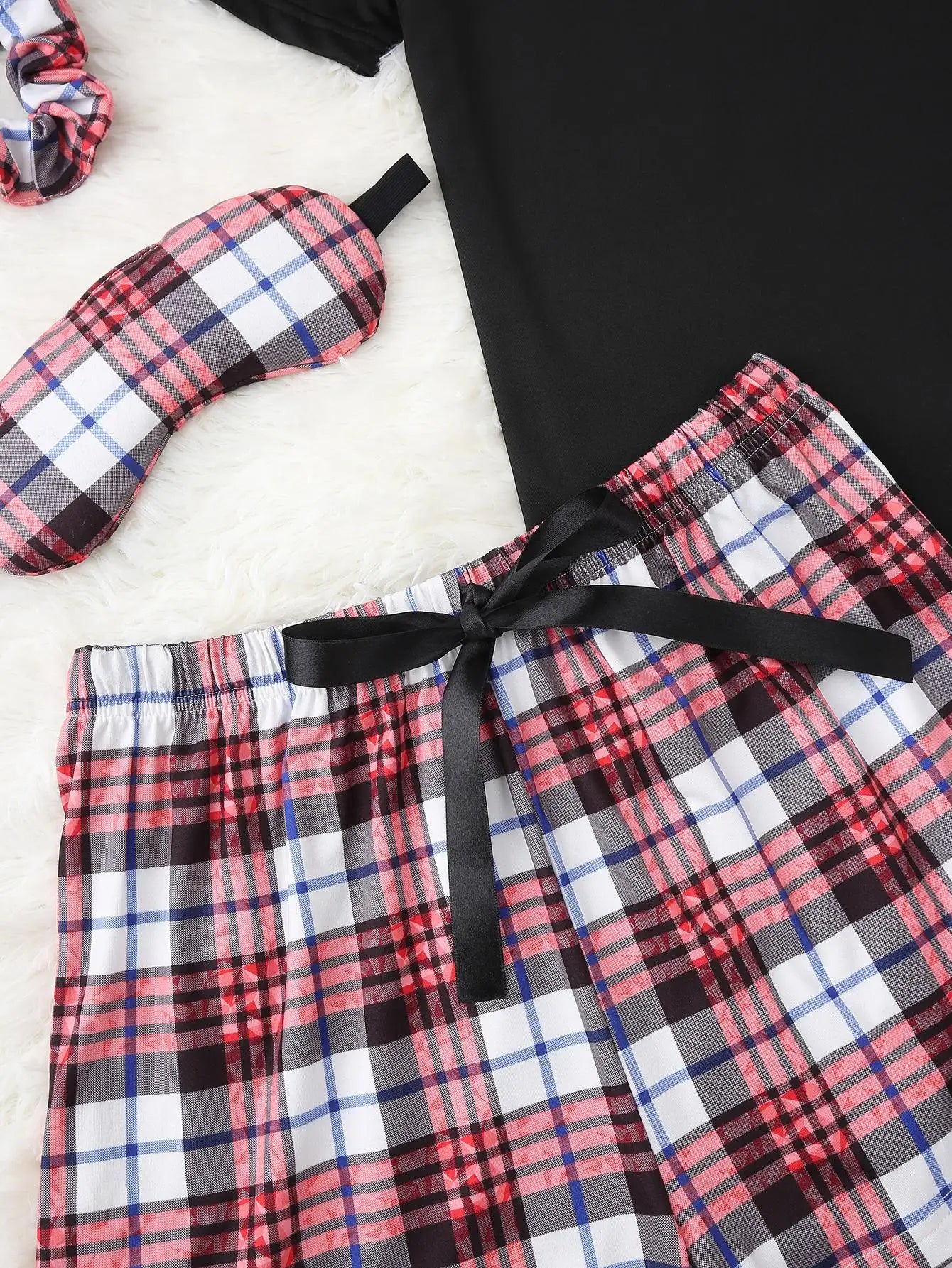 5 Pcs Women's Pajama Set Short Sleeves O Neck Top & Plaid Shorts & Full-Length Pants Female Sleepwear Nightwear Homwaer Cloth