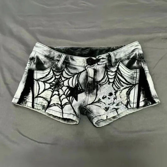 Street Punk Spider Web Printed Diamond Skull Star Denim Shorts Sexy Low-waisted Hot Short Panrts Summer New Jeans for Women