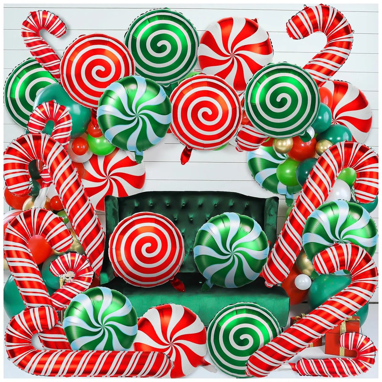 36Pcs Christmas Candy Balloons Kit Large Cane Swirl Candy Foil Balloons Red Green Foil Sweet Candies Theme Balloons