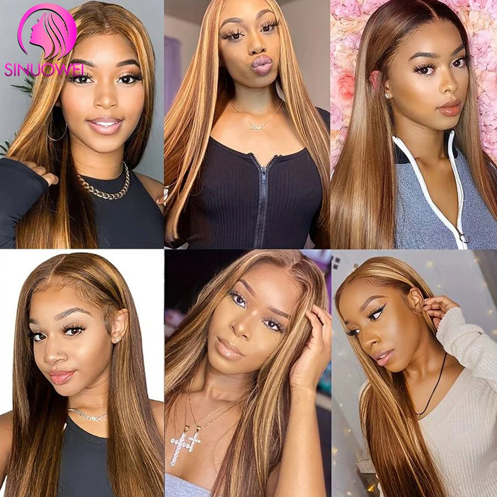 Highlight Straight P4/27 Colored Lace Front Wigs Human Hair 13x6 Brazilian Lace Front Human Hair Wigs Pre Plucked For Women 180%