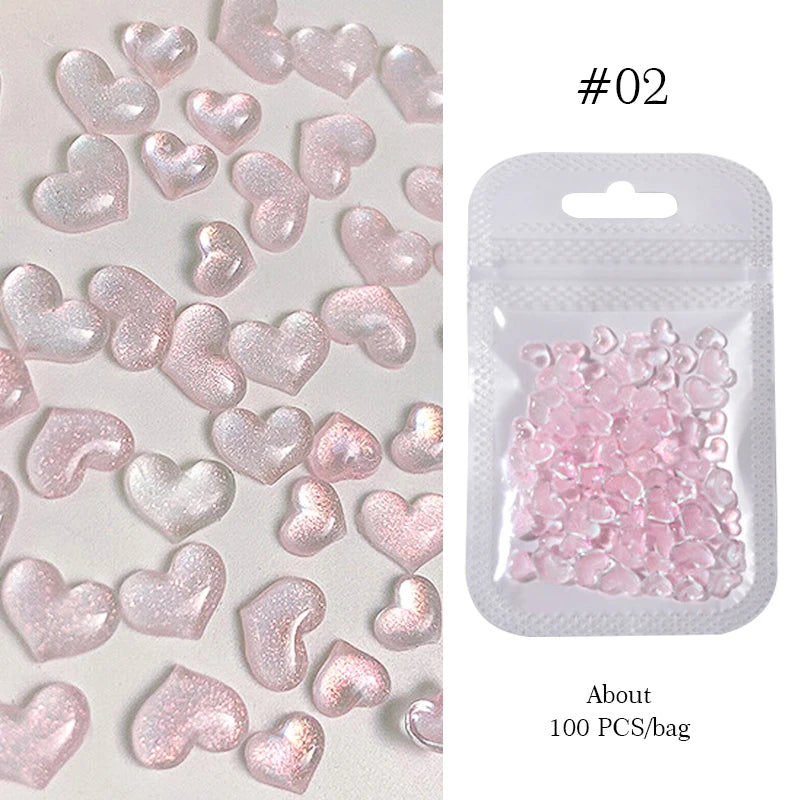 100Pcs Mixed Pink White Resin Hollow Pearl 3D Nail Charm Acrylic Love Heart Bowknot Pentagram Nail Accessories For Manicure Deco