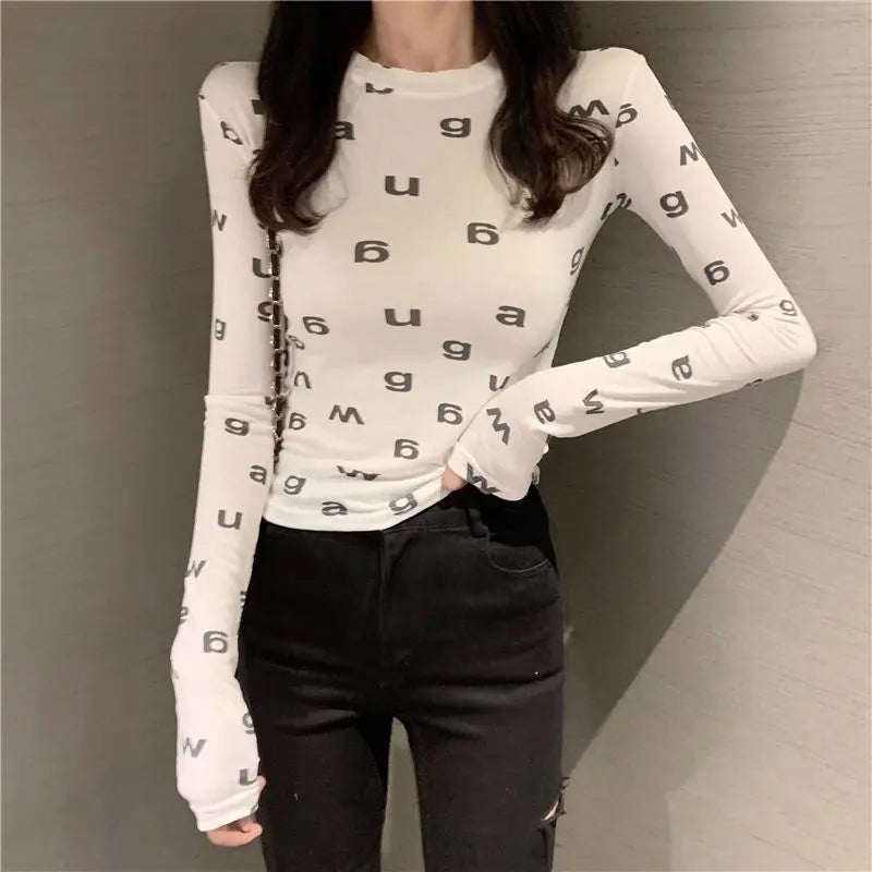 Spring Autumn New Fashion Pure Cotton Printing Letter T-Shirts Women's Clothing Round Neck Long Sleeve Pullovers Korean Thin Top