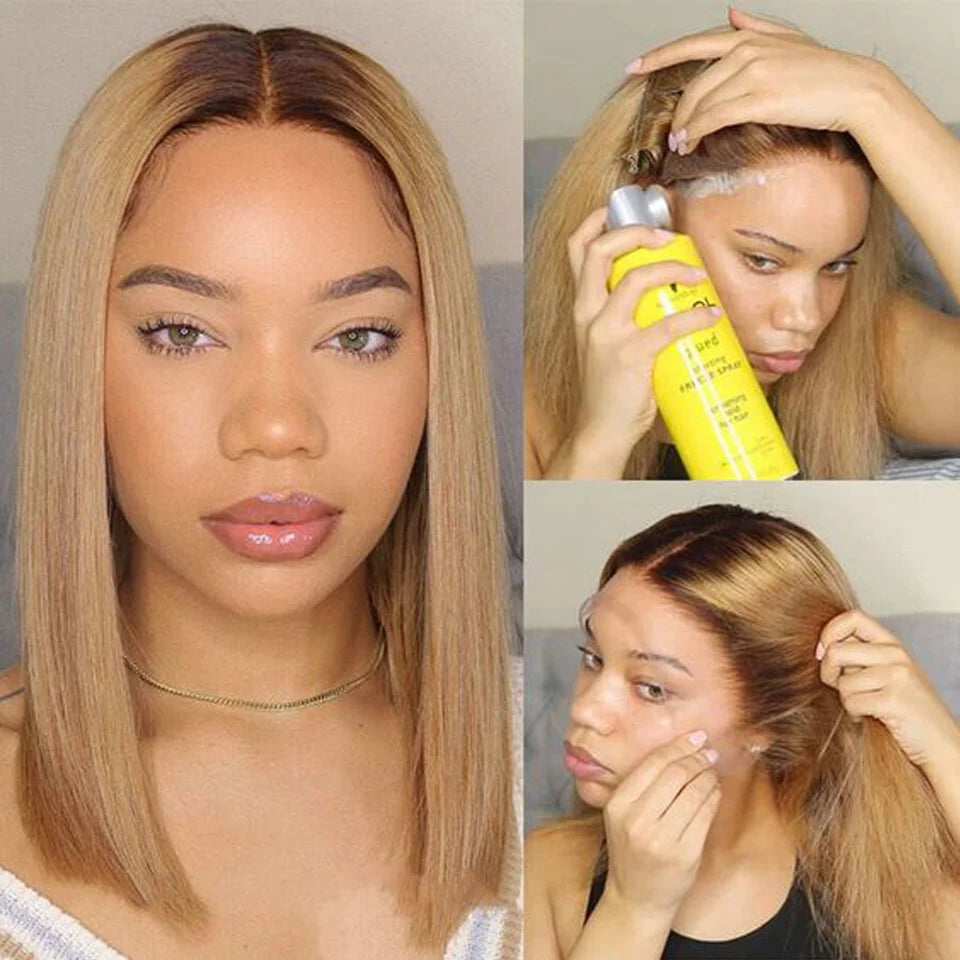 Ombre Blond Wig Brazilian Remy Hair Short Bob Human Hair Wigs Highlight P4/27 Straight Bob Wig 13*6*1 Lace Front Wigs For Women