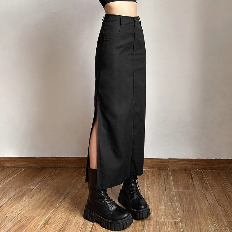 Goth Dark Grunge Casual Tag Split Women Midi Skirts Mall Gothic Punk High Raise Slim Long Skirt Y2k Sexy Fashion Streetwear