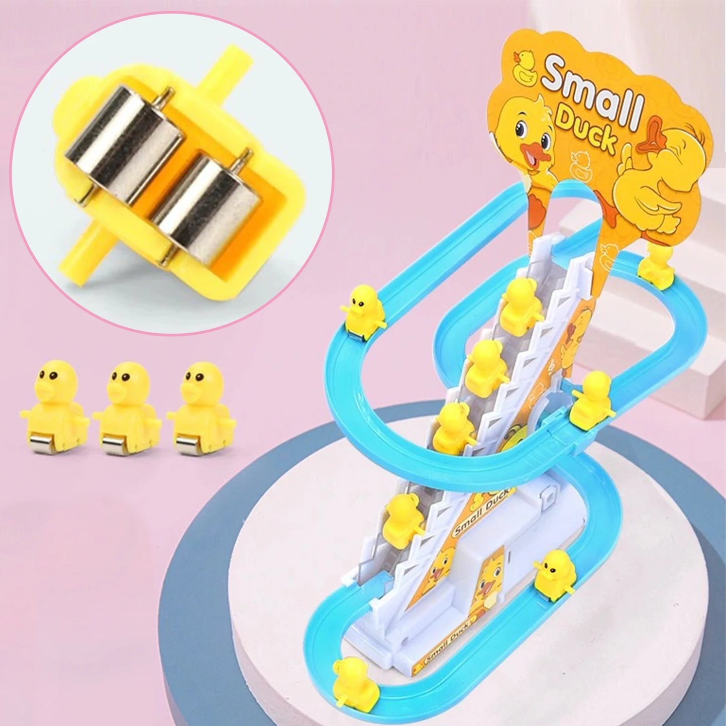 Children Toy Duck DIY Rail Racing Track Small Duck Climbing Stairs Toy Electric Car Staircase Music Educational Toy for Kid 3-5Y