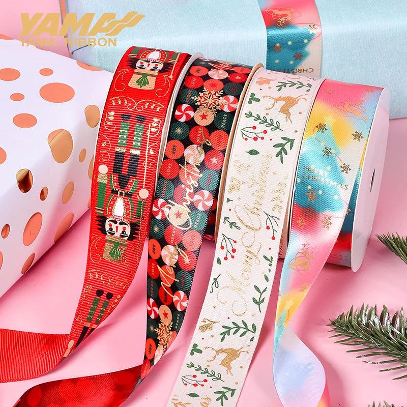 YAMA 2024 Christmas Ribbon 16 25mm 100Yards/roll Ribbons for gift wrapping DIY Decoration hair ornaments flower packaging