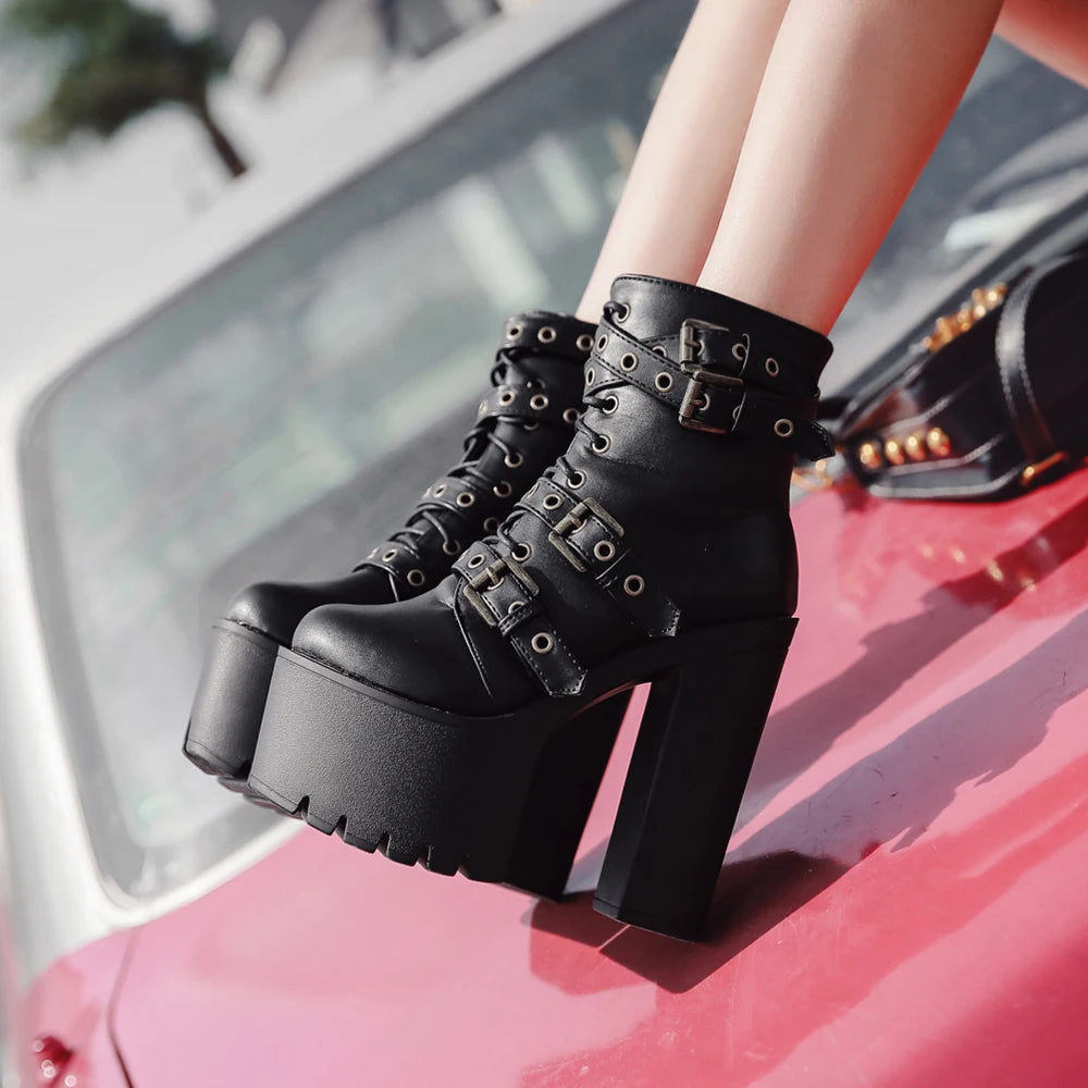 Gdgydh Women's Goth Platform Boots Sexy Round Toe Block Heeled Shoes Buckle Strap Ankle Boots For Women Punk Style