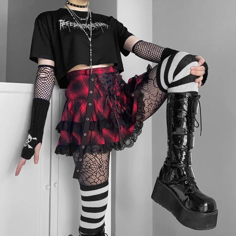 Gothic Harajuku Hot Girl Cake Dress Rock Red Sweet Soft Girl Punk Japanese Lace Plaid Mini Short Skirts Y2k Plaid Skirt