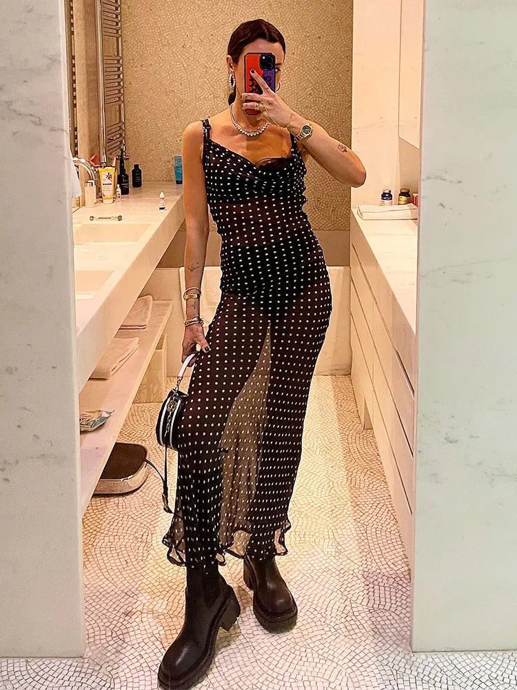 2025 Black Fashion Polka Dots Sundress Sexy See Through Spaghetti Strap Maxi Dress Women Summer Clothes Party Slip Dresses A1259