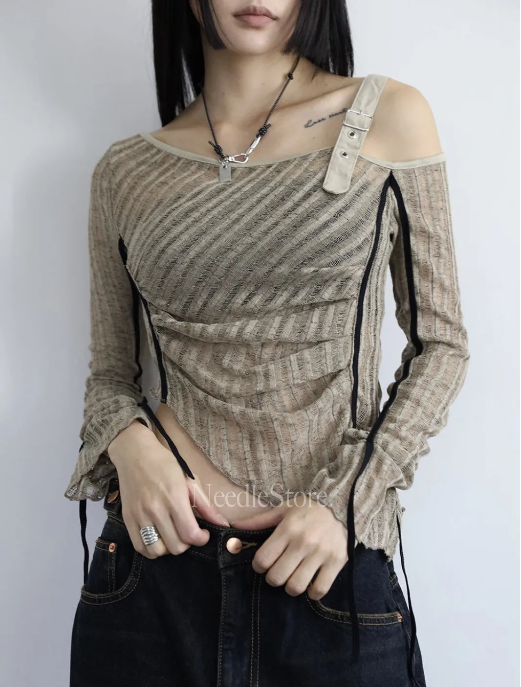 Yedinas American Retro T Shirt Women Clothes Long Sleeve Crop Top Lace Up Korean Fashion Gothic Off Shoulder Tee Shirt Femme Y2k