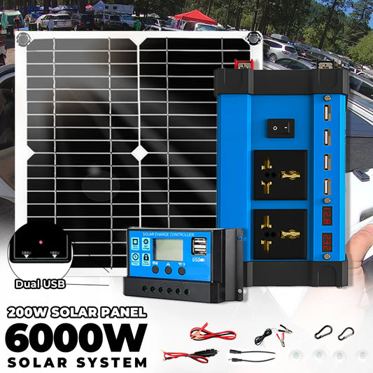 6000W Inverter 30A Controller 5V Solar Panel Smart Phone Car Charge Camping Home Solar Power System for Home Complete Kit RV