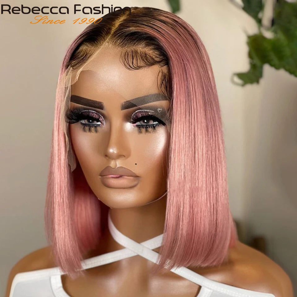 Short Cut Colored Pink Bob T Part Lace Wigs Human Hair Wigs 180D Transparent Ombre Pink Brazilian Straight Lace Front Wigs