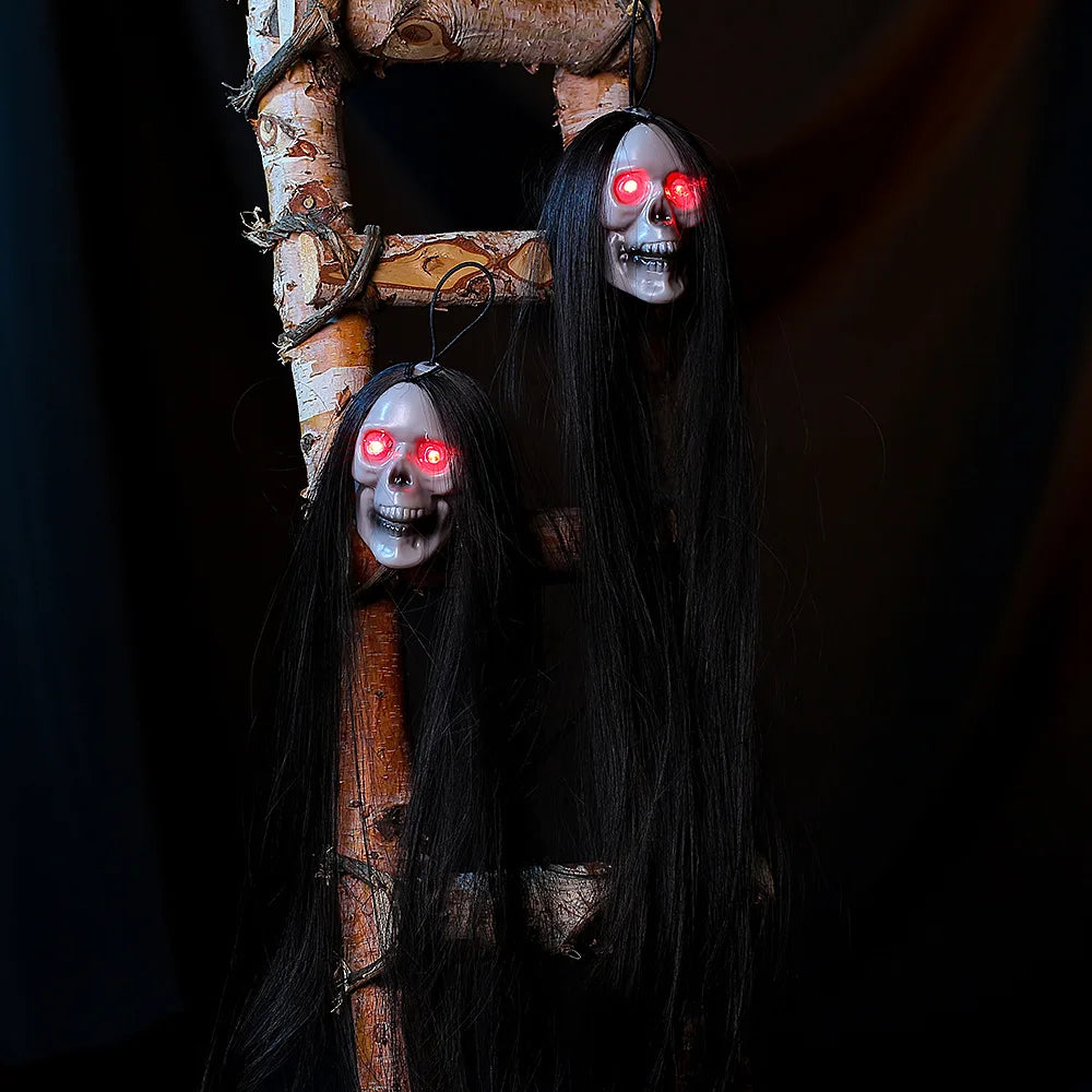 New 2024 Halloween LED Hanging Long Hair Skeleton Female Ghost Horror Luminous Eyes Skull Props Halloween Horror Decorative