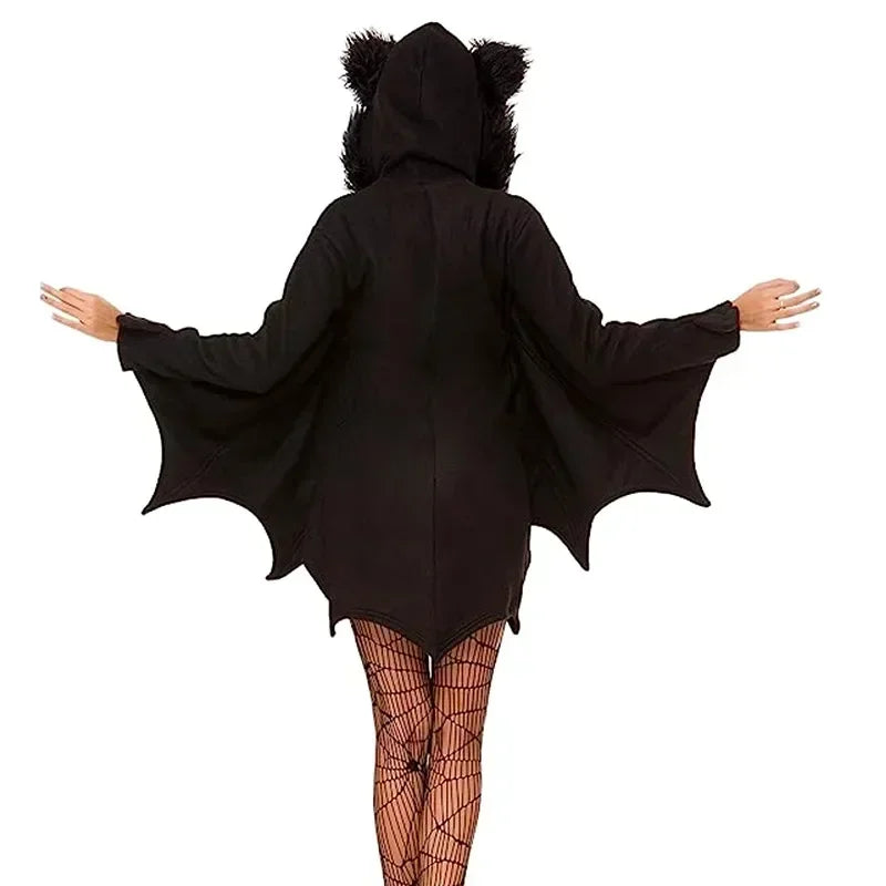 Women's Black Vampire Bat Costume Animal Cosplay Dress Horror Halloween Lace Ghost Costume Free Socks and Scar Stickers Gift