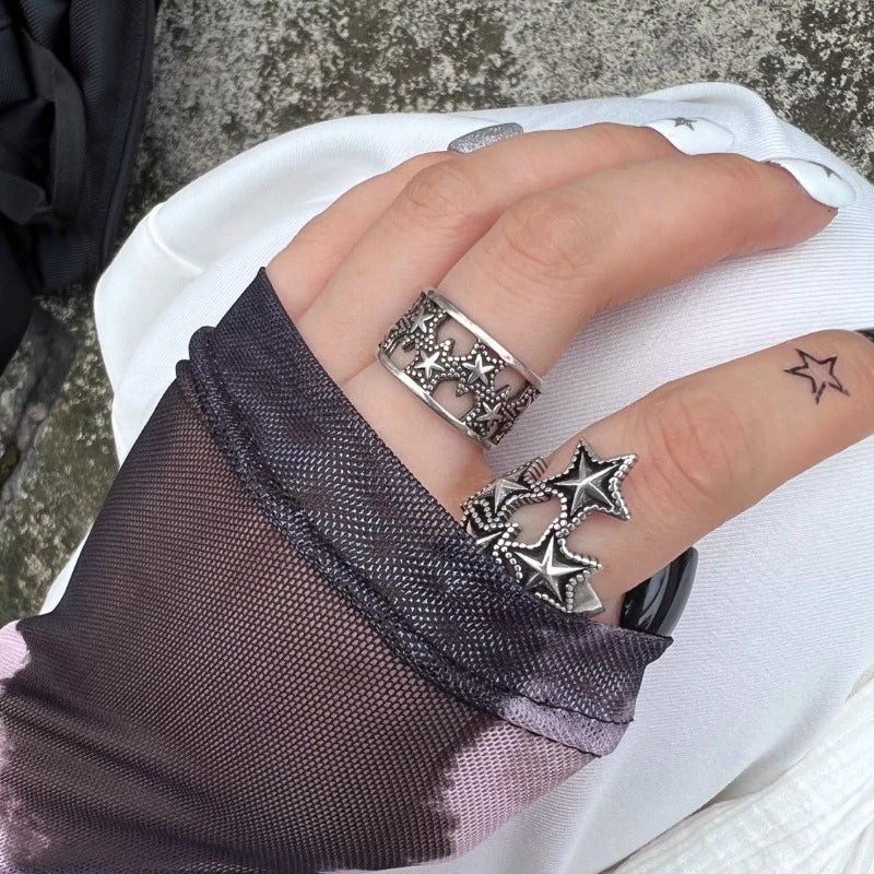 Vintage Punk Style Zircon Star Couple Rings for Men Women Personality Adjustable Crystal Pentagram Ring Jewelry Y2K Accessories