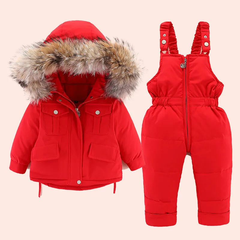 2pcs Set Baby Girl winter down jacket and jumpsuit for children Thicken Warm fur collar jacket for girls Infant snowsuit 0-6Year